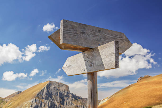 istock Wooden board sign for different directions on a mountain 1302430469
