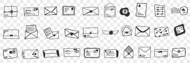 ilustrações de stock, clip art, desenhos animados e ícones de envelopes with letters doodle set - postage stamp backgrounds correspondence delivering