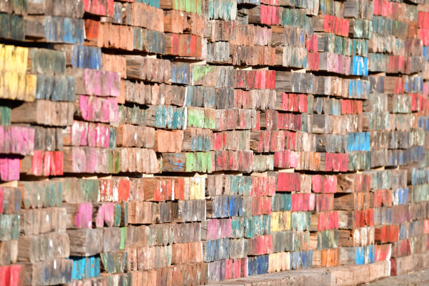 Vibrant Multicolored Wood Mosaic Painted Aged Weathered Industrial Beams.