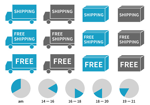 Free shipping and assorted time zone icons Delivery English blue