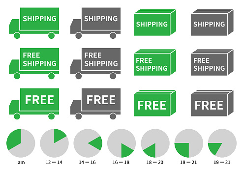 Free shipping and assorted time zone icons Delivery English Green