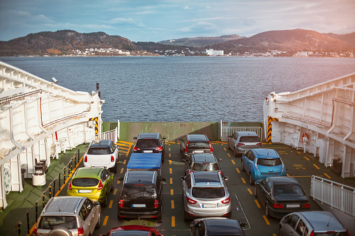 Ferry transporting cars through the sea, Norway