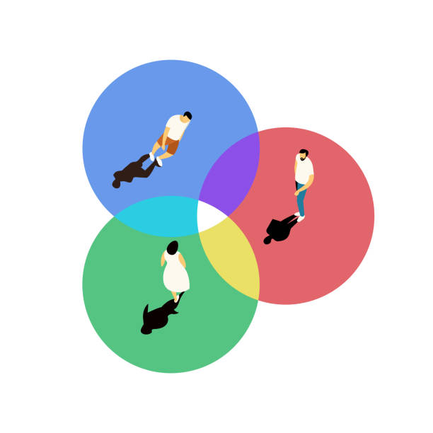 ilustrações de stock, clip art, desenhos animados e ícones de three circles with different people overlaps with each other as symbol of consensus of opinions - primary colours