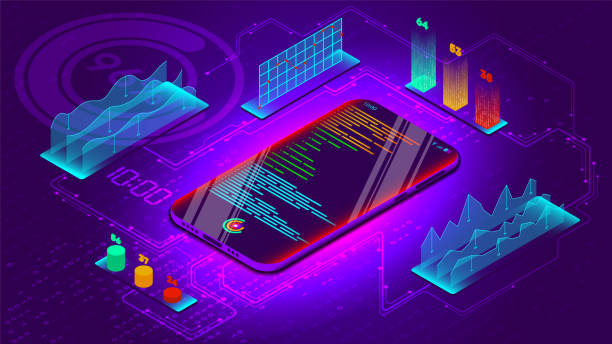 istock Isometric projection of a mobile phone with business graphs linked together. The concept of data analysis on electronic portable devices. Programming on a smartphone. The interface of the future. 1302435061