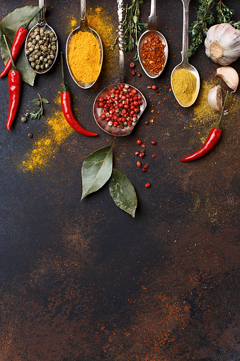 Various multicolored spices and herbs in vintage spoons on dark brown concrete background. Overhead view with copy space. Frame composition. Food background