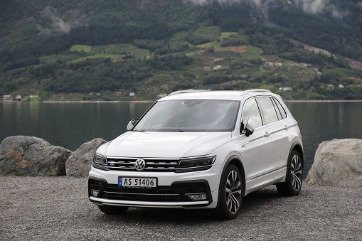 Volkswagen Tiguan SUV car parked in Norway. There are 2.8 million cars registered in Norway (2019).