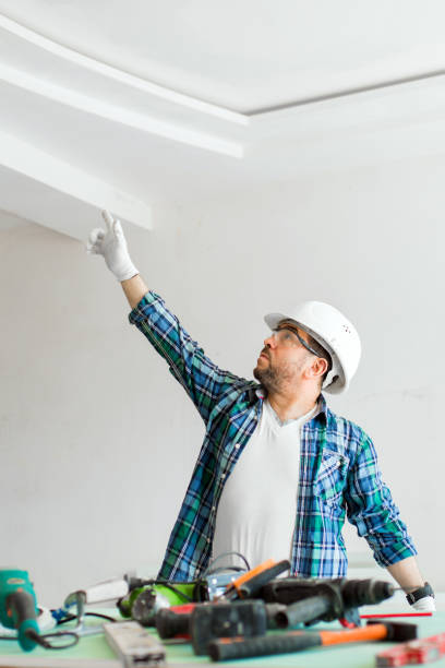 istock A builder in a safety helmet with tools points to the ceiling during repairs 1302439583
