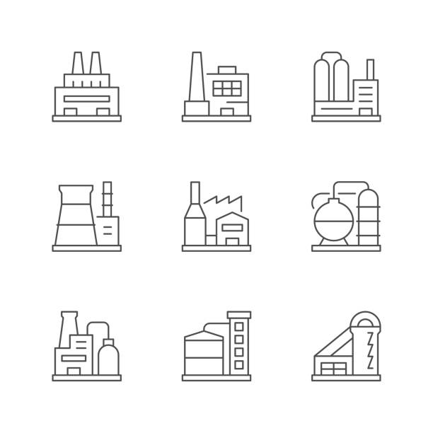 illustrazioni stock, clip art, cartoni animati e icone di tendenza di impostare le icone di linea della fabbrica o dell'impianto - gasoline factory station chimney
