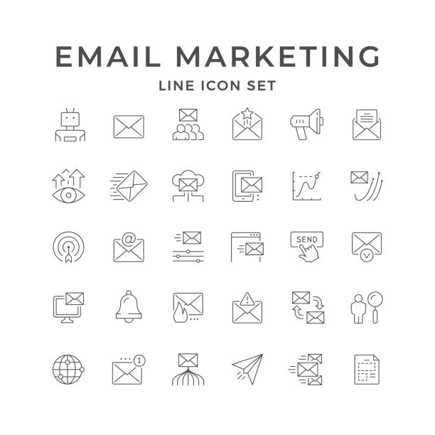 ilustrações, clipart, desenhos animados e ícones de definir ícones de linha de marketing de e-mail - caixa de entrada de correio eletrónico