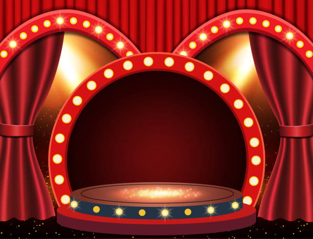 istock Background with red theatre curtain, retro arch banner and podium 1302442944