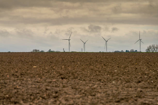 Aerial drone shot of wind turbines in green field in Denmark