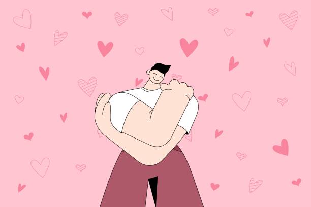 Self care, self love and esteem concept Self care, self love and esteem concept. Young smiling man cartoon character standing and hugging himself feeling happy and positive alone being proud over blue background with hearts self love stock illustrations