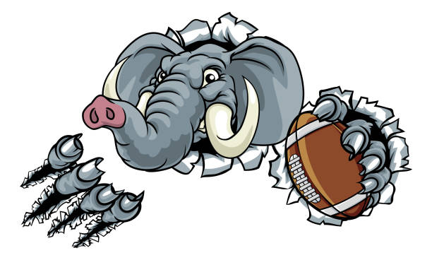 Elephant American Football Ball Sports Mascot An elephant American Football sports animal mascot holding a ball and breaking through the background republican elephant logo stock illustrations