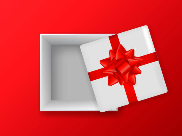 istock Opened gift box with bow on a red background. Vector stock illustration banner or postcard 1302445617