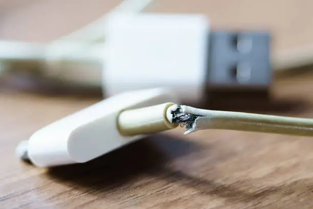 broken and frayed cable  charger for smart phones - damaged phone cable