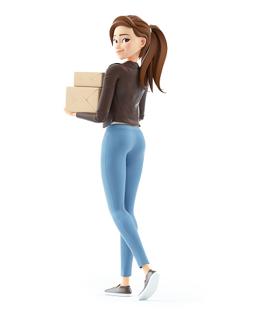 3d cartoon woman walking and carrying packages, illustration isolated on white background