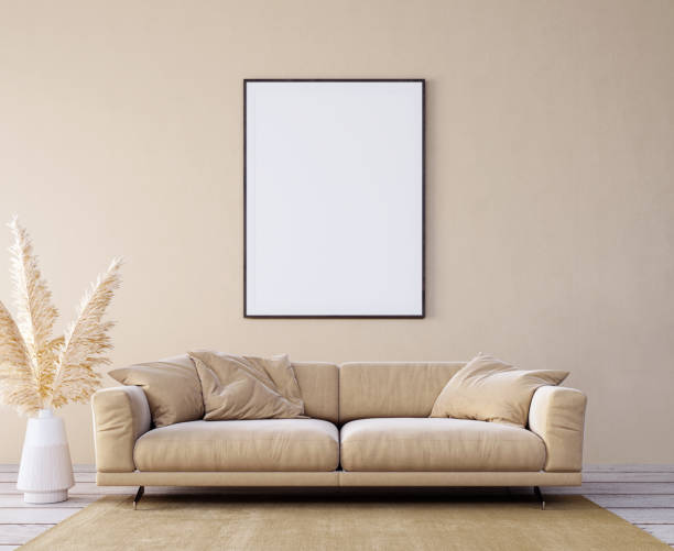 istock Modern interior design with beige furniture and empty mock up picture frame 1302449179