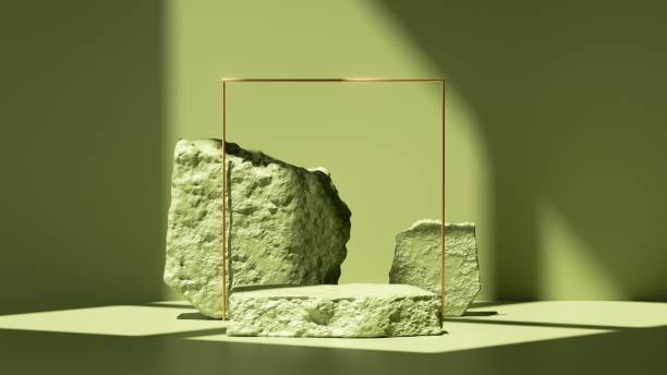 istock 3d render, abstract green background with shadows and bright sunlight. Minimal scene with cobblestone podium and golden square frame, showcase for organic cosmetic product presentation 1302449480