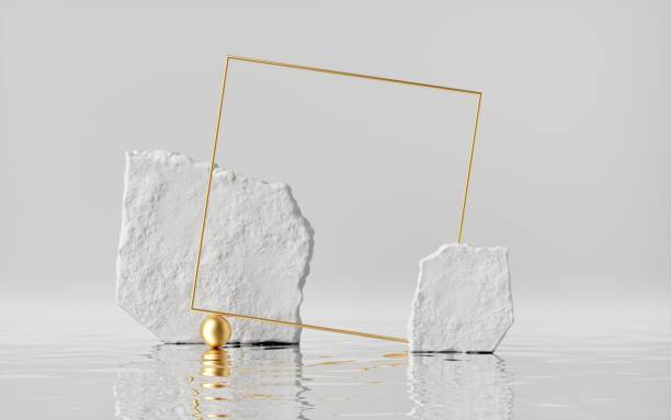istock 3d render, abstract white background with cobblestones and golden square frame, liquid floor with reflection, modern minimal showcase for product display. 1302449691
