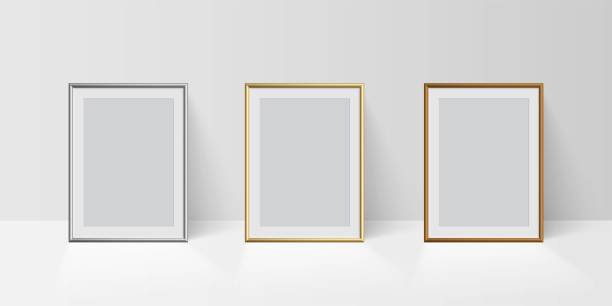 istock Frame for picture on podium set. Silver, golden and bronze frames on white background. Blank space for picture, painting, card or photo. 3d realistic modern template vector illustration 1302451735