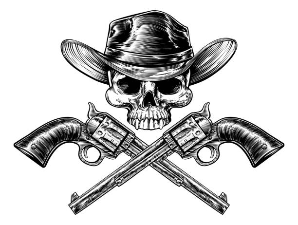 sheriff star cowboy hut schädel und pistolen - sheriff star skull and crossbones west stock-grafiken, -clipart, -cartoons und -symbole