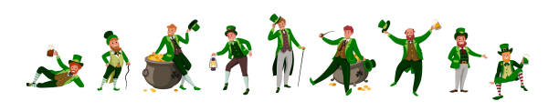 Funny cartoon character Leprechaun Irish fantastic character leprechaun set in different poses. Saint Patrick's day vector cartoon characters on white background cute leprechaun stock illustrations
