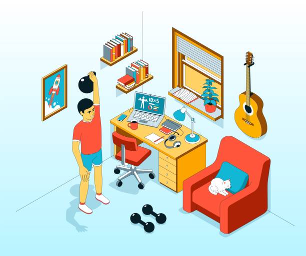Home athletic exercise with kettlebell. Workout in living room Home athletic exercise with kettlebell. Workout in living room. Vector isometric illustration. cartoon muscular man lifting heavy weights stock illustrations