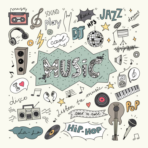 musik doodle sammlung - headphones book stock-grafiken, -clipart, -cartoons und -symbole