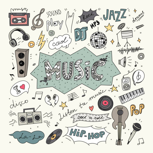 ilustrações, clipart, desenhos animados e ícones de coleção de doodle musical - instrumental hip hop