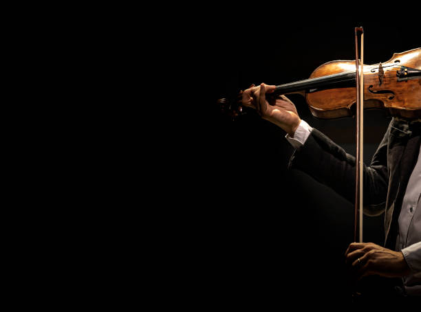 el violinista toca el violín en una oscuridad. - violinista fotografías e imágenes de stock