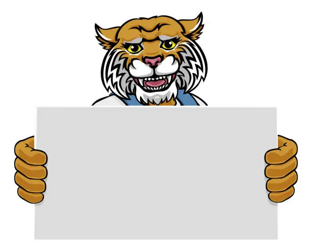 Vector illustration of Wildcat Cartoon Mascot Handyman Holding Sign