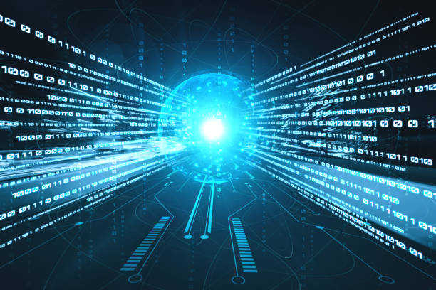 istock Digital data flow on road with motion blur to create vision of fast speed transfer 1302455801
