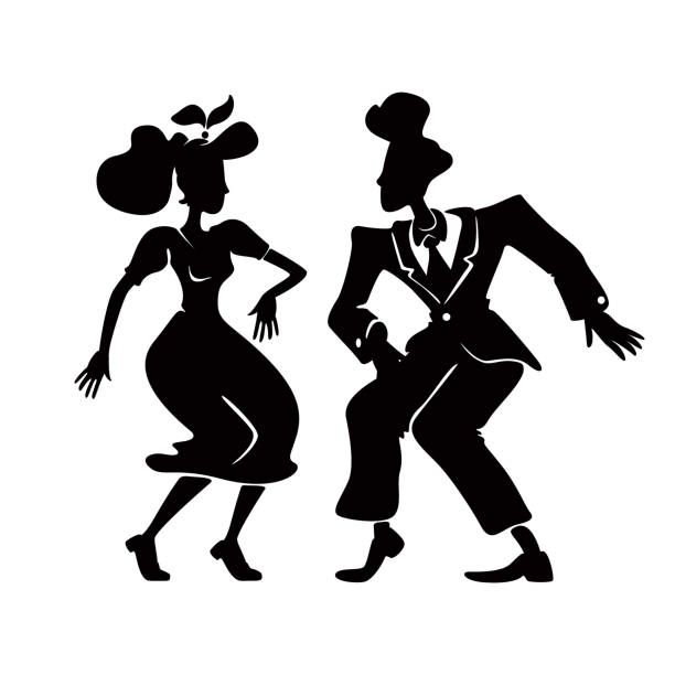 swing taniec para czarna sylwetka ilustracja wektorowa. staroświecki ludzie w rock n roll pozie. rockabilly styl kobieta i mężczyzna 2d postaci z kreskówek kształt do komercyjnych, animacji, drukowania - dancing swing dancing 1950s style couple stock illustrations