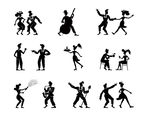 Retro women and men black silhouette illustrations kit. Old fashioned people in cool poses. Rock n roll dancers and jazz musicians 2d cartoon characters shapes set for commercial, animation, printing