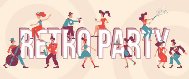 illustrations, cliparts, dessins animés et icônes de rétro party word concepts flat vector banner. style des années 40 à l’ancienne. typographie d’isolement avec de minuscules caractères de dessin animé. musique des années 1950 et danse illustration créatrice sur fond de couleurs de cru - country rock