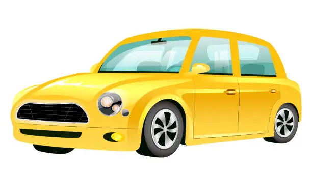 Vector illustration of Yellow mini cooper cartoon vector illustration. Old fashioned personal vehicle flat color object. Vintage transportation isolated on white background. Empty retro automobile angle view