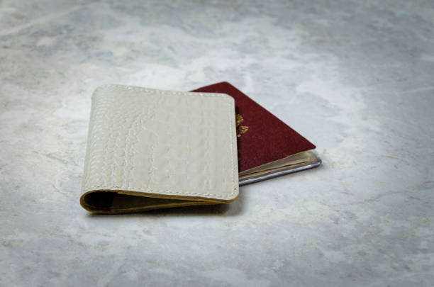 biała, oryginalna skórzana pokrywa, kajman, ręcznie robiona do dokumentu tożsamości na jasnym tle, zbliżenie - passport blank book cover empty zdjęcia i obrazy z banku zdjęć