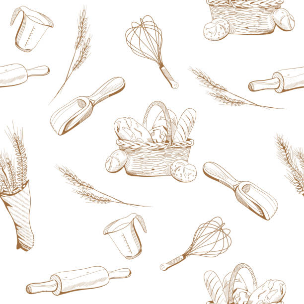 Bread and bakery seamless pattern in engraving style.Ears of wheat and a wicker basket with buns,french loaves,baguette.Menu decoration,farmers market. Bundle of Pastry sketches.Drawing vector french food stock illustrations