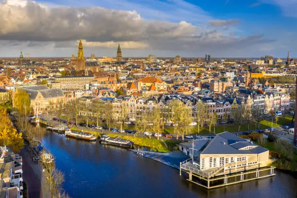 Aerial view of Groningen city centre seen from the south with blue loudy sky