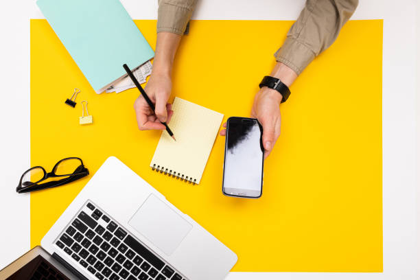 istock creative office desk, top view, beautiful combination of objects 1302461451