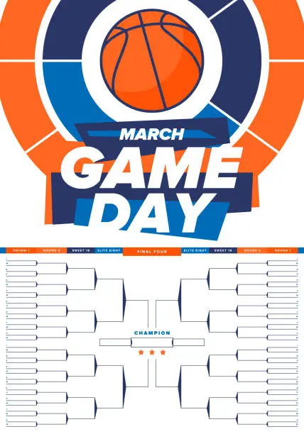 Vector illustration of Game Day. Playoff grid, tournament bracket. March basketball playoff. Super sport party in United States. Final games of season tournament. Professional team championship. Ball for basketball. Vector