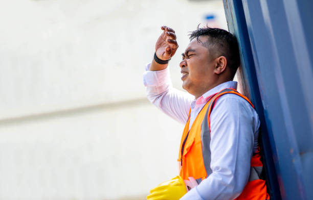 Factory worker man working in hot weather and he look tired from work. Factory worker man working in hot weather and he look tired from work. heat stress stock pictures, royalty-free photos & images