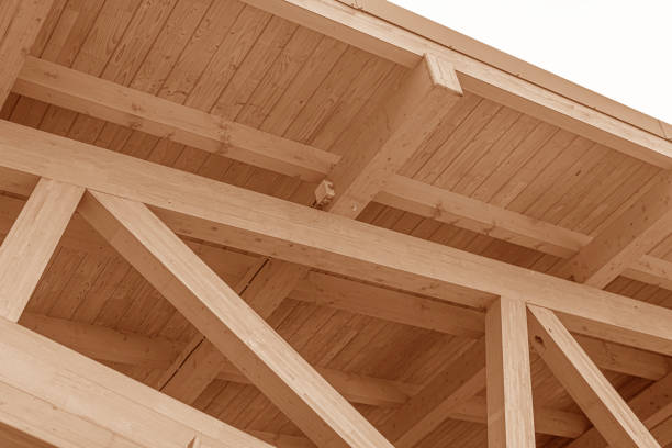 istock Wooden roof structure. Glued laminated timber roof. 1302464280