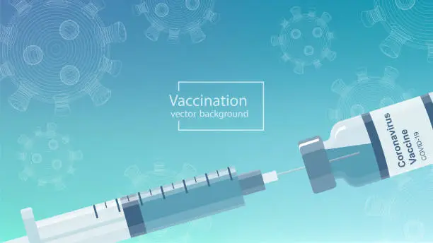 Vector illustration of Coronavirus vaccination vector banner with covid-19 vaccine bottle, syringe and macro virus cells on turquoise blue background.