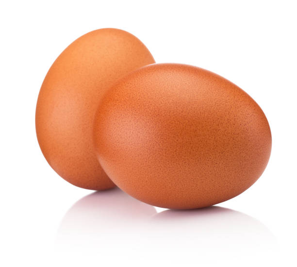 흰색 배경에 흰색으로 분리 된 갈색 계란 두 개 - two eggs 뉴스 사진 이미지