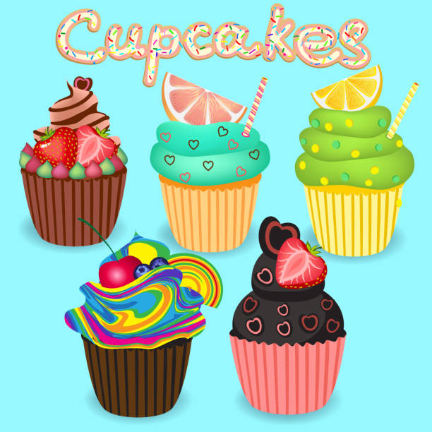 istock Set of decorative cupcakes with fruits, cream, and berries 1302467122