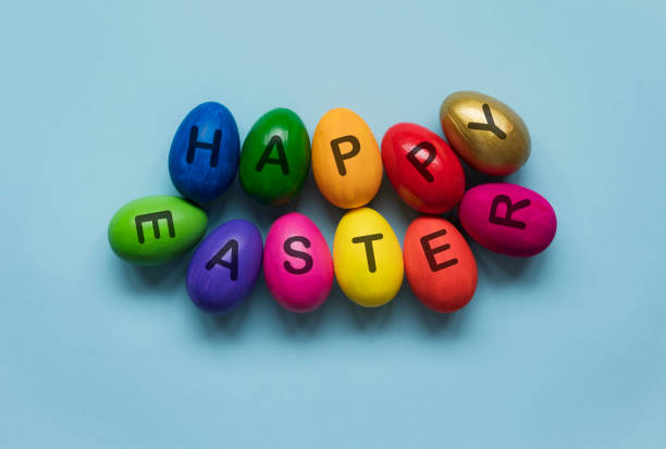 happy easter greeting - easter text single word paint imagens e fotografias de stock