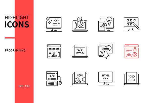 Programming - modern line design style icons set Programming - modern line design style icons set. Coding and website development service idea. Clean code, cross platform testing, sitemap, admin panel, software, blockly, html, binary code images html stock illustrations