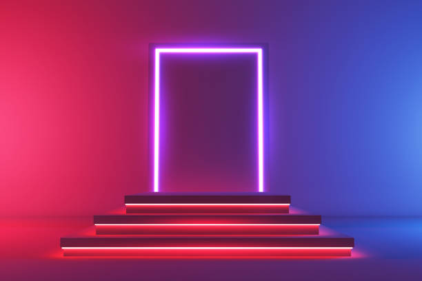 istock Futuristic empty square pedestal or podium with neon light. Colorful minimal concept design. Abstract modern art illustration for presentation template. Bright 3d render. 1302468270