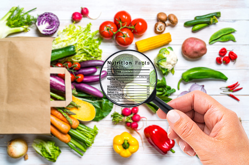 Overhead view of female hand holding a magnifying glass on the content of a shopping bag with vegetables spilled on a white table looking for de details of the nutrition facts. Dieting, healthy eating and control concepts.